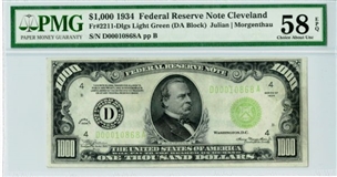 $1000 Note Bank Federal Reserve Cleveland Light Green Seal 1934 w/ High Grade Encapsulated